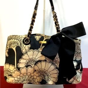 Kate Spade NY Floral Canvas Blk Patent Leather Gold Chain Straps